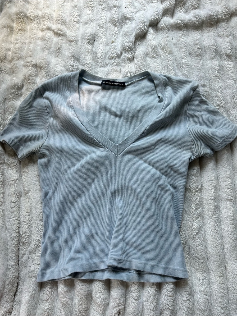 Brandy Melville Pale Blue Ribbed V-Neck Short Sleeve Top